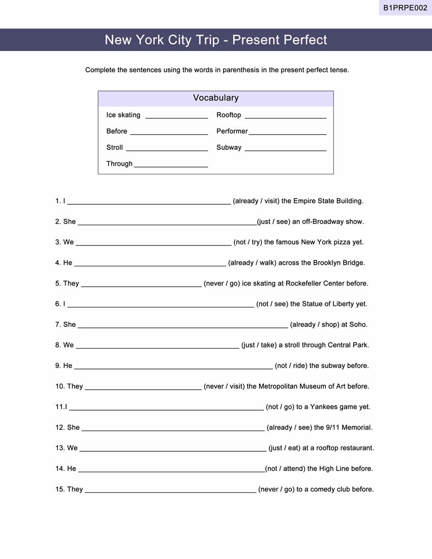 Present Perfect Worksheet ESL