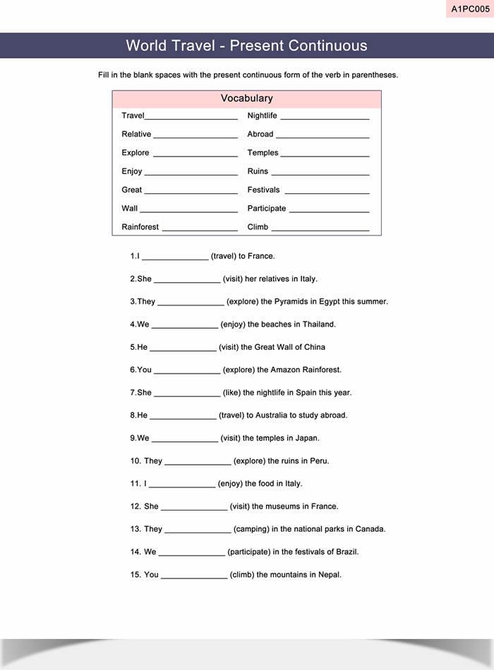 Present Continuous Worksheet ESL