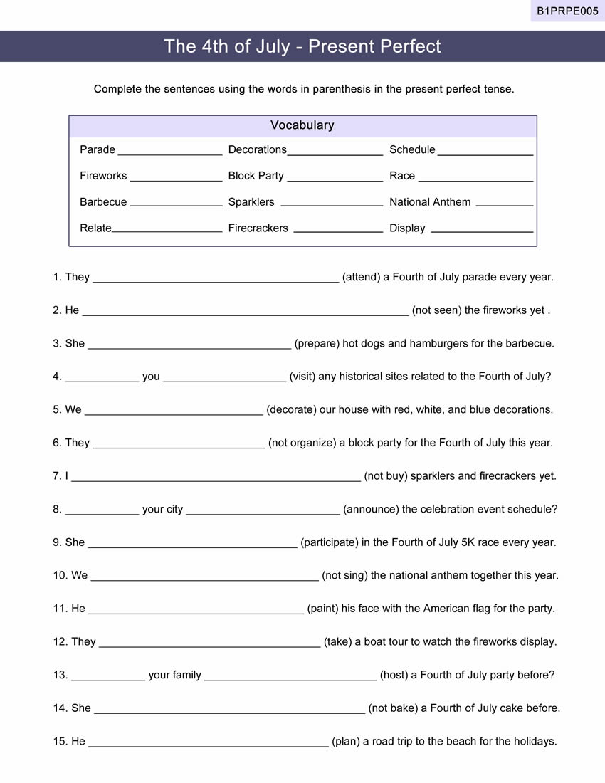 Present Perfect Worksheet ESL