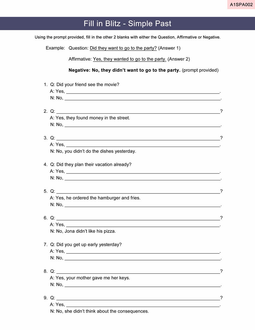 Simple Past Worksheet ESL