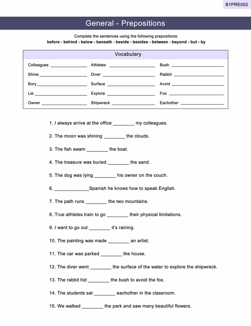 Prepositions Worksheet ESL