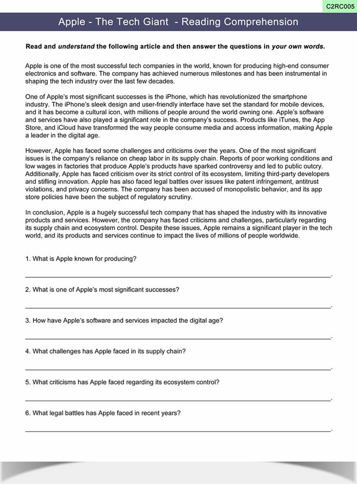 Reading Comprehension Worksheet ESL