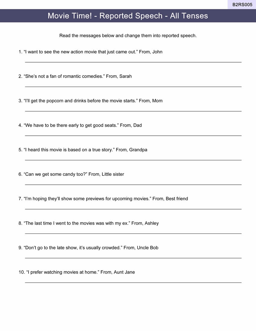 Reported Speech Worksheet ESL