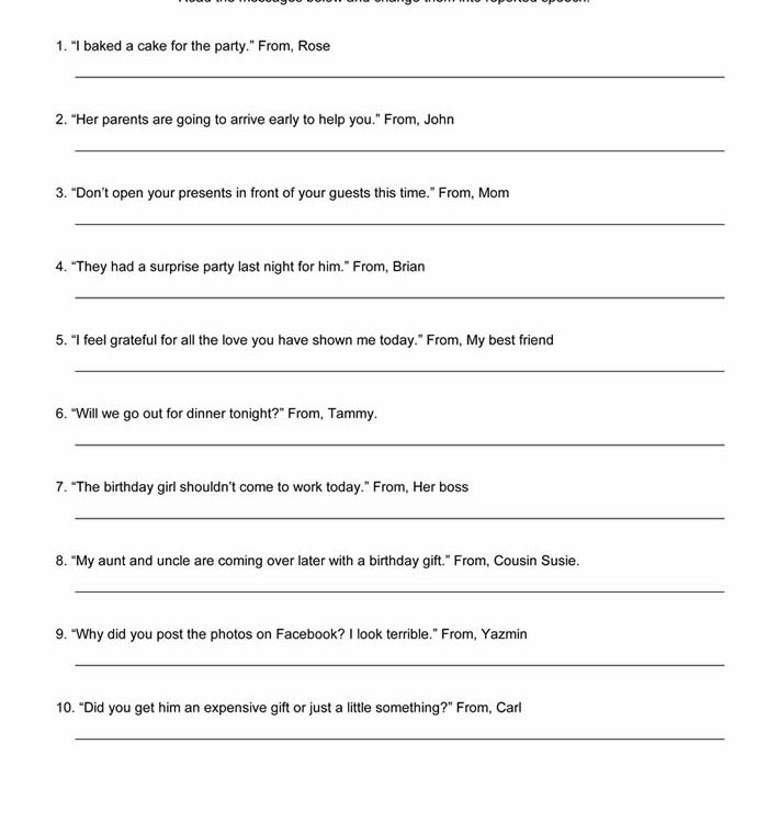 Reported Speech Worksheet ESL