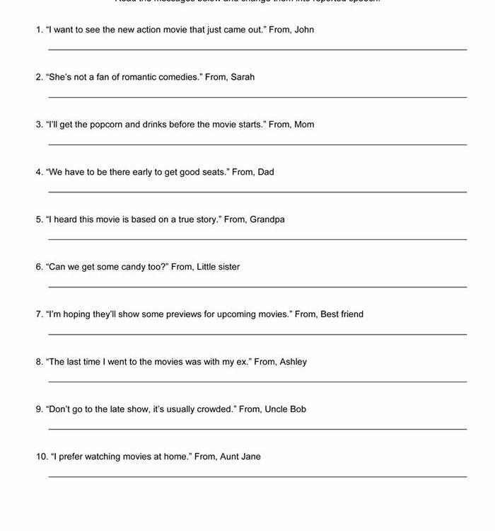 Reported Speech Worksheet ESL